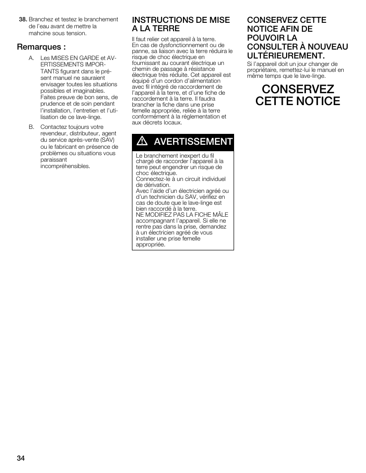 Conservez cette notice, Avertissement, Remarques | Instructions de mise a la terre | Bosch maxx 800 Series User Manual | Page 34 / 96