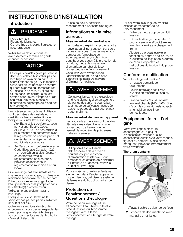 Instructions d'installation, Prudence, Notice | Avertissement, Introduction, Informations sur la mise au rebut, Conformité d'utilisation, Equipement fourni d'orić gine | Bosch maxx 800 Series User Manual | Page 35 / 96