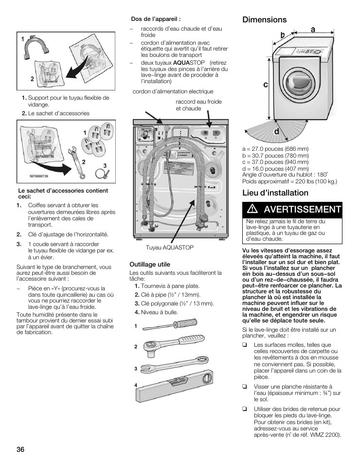 Avertissement, Dimensions, Lieu d'installation | Bosch maxx 800 Series User Manual | Page 36 / 96