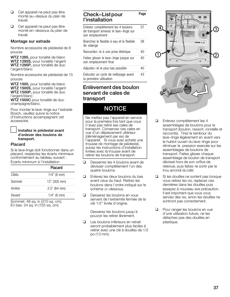 Notice, Check-list pour l'installation | Bosch maxx 800 Series User Manual | Page 37 / 96