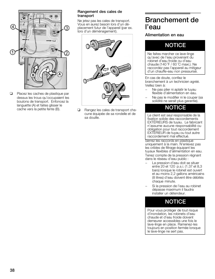 Branchement de l'eau, Notice | Bosch maxx 800 Series User Manual | Page 38 / 96