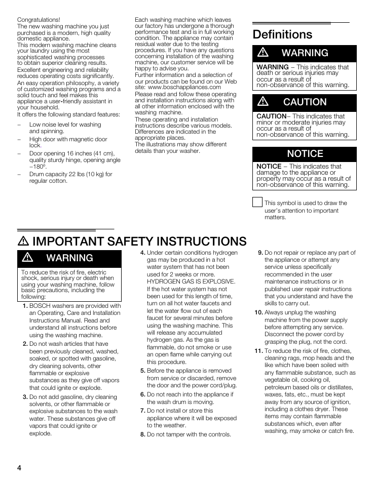 Definitions d, D important safety instructions d, Warning | Caution, Notice | Bosch maxx 800 Series User Manual | Page 4 / 96