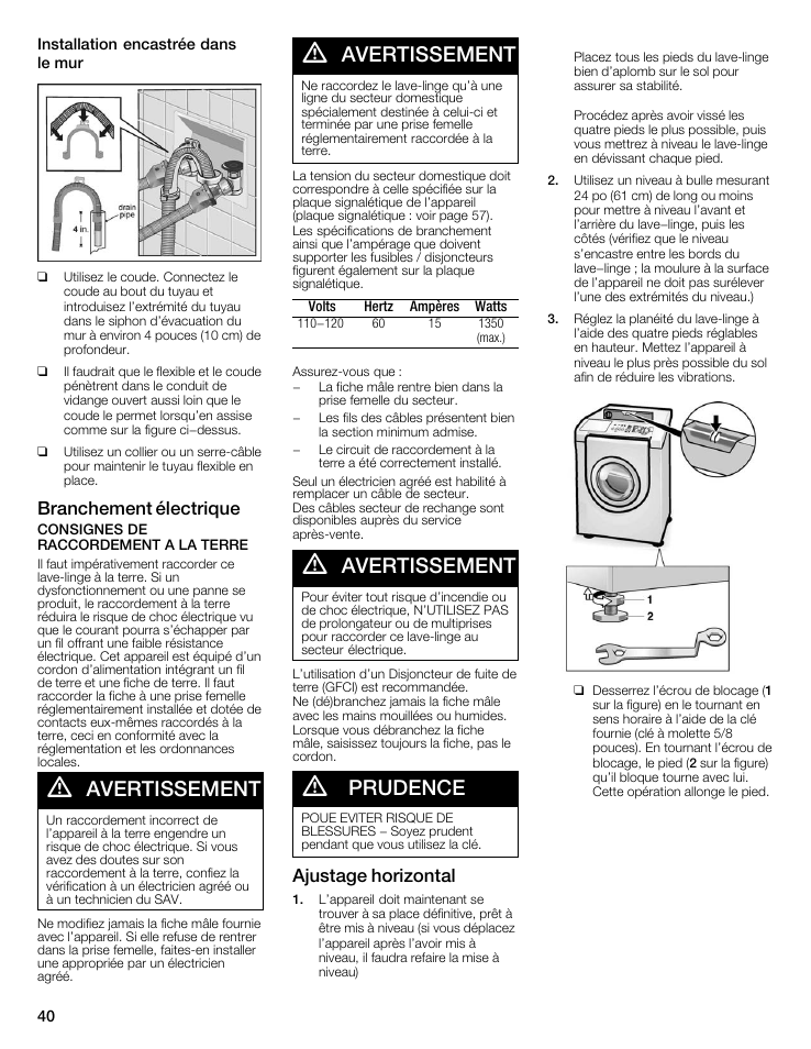 Avertissement, Prudence, Branchement électrique | Ajustage horizontal | Bosch maxx 800 Series User Manual | Page 40 / 96