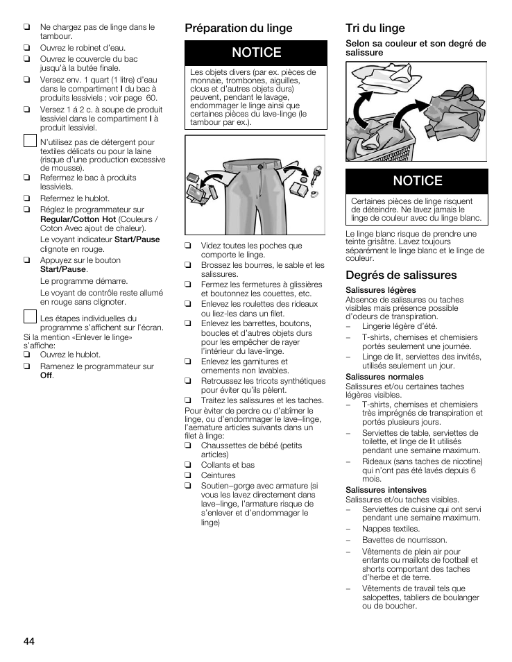 Notice, Préparation du linge, Tri du linge | Degrés de salissures | Bosch maxx 800 Series User Manual | Page 44 / 96