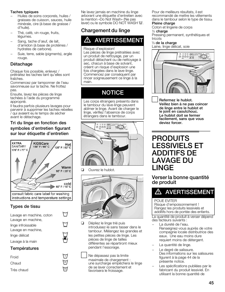 Produits lessiviels et additifs de lavage du linge, Avertissement, Notice | Chargement du linge, Verser la bonne quantité de produit | Bosch maxx 800 Series User Manual | Page 45 / 96