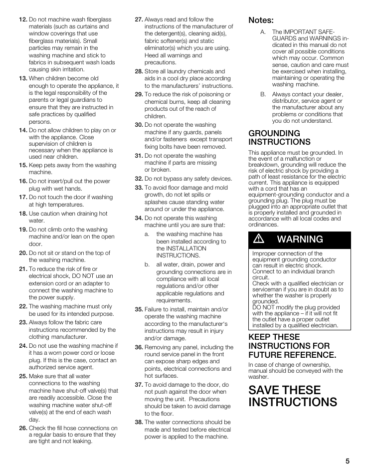 Save these instructions, Warning, Grounding instructions | Keep these instructions for future reference | Bosch maxx 800 Series User Manual | Page 5 / 96