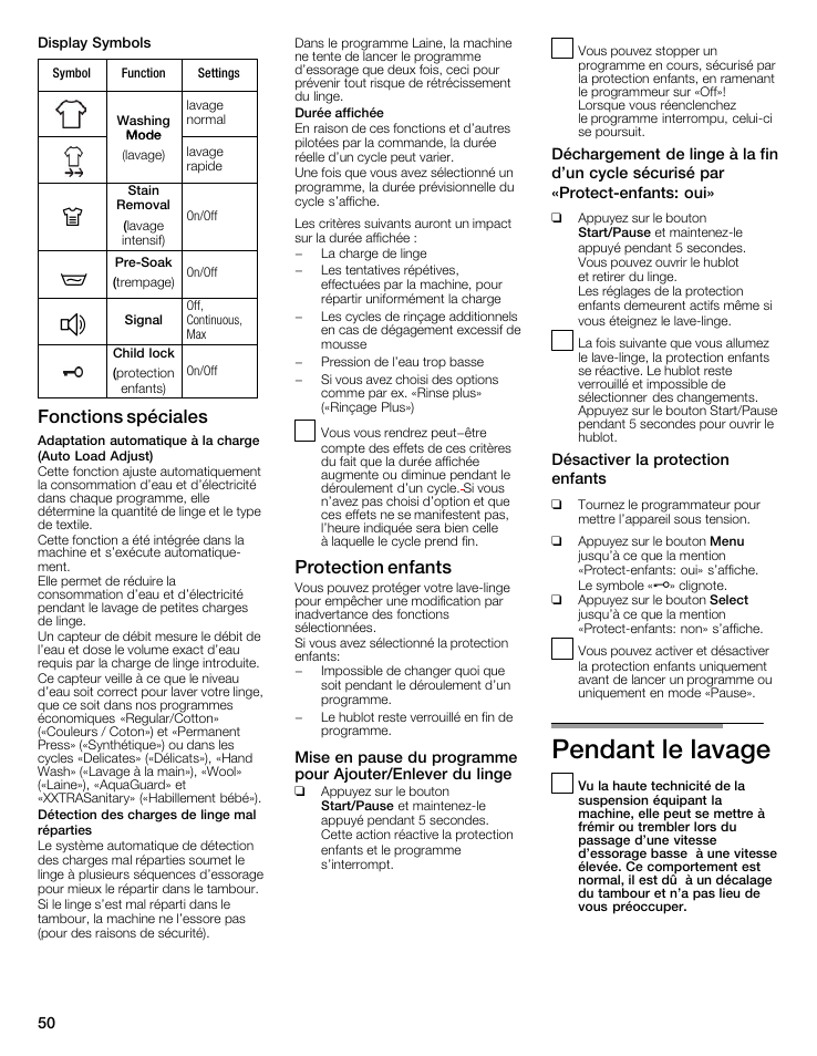 Pendant le lavage, Fonctions spéciales, Protection enfants | Bosch maxx 800 Series User Manual | Page 50 / 96