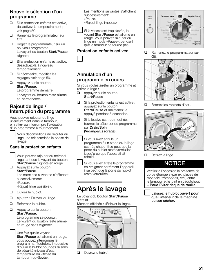 Après le lavage, Notice, Nouvelle sélection d'un programme | Rajout de linge / interruption du programme, Annulation d'un programme en cours | Bosch maxx 800 Series User Manual | Page 51 / 96