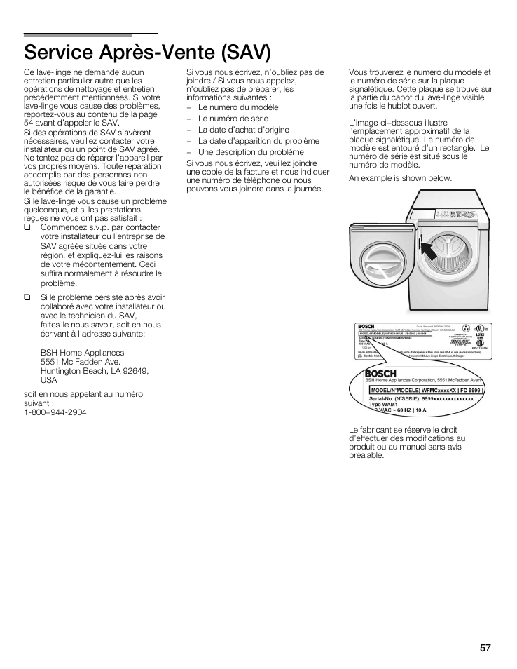 Service aprèsćvente (sav) | Bosch maxx 800 Series User Manual | Page 57 / 96