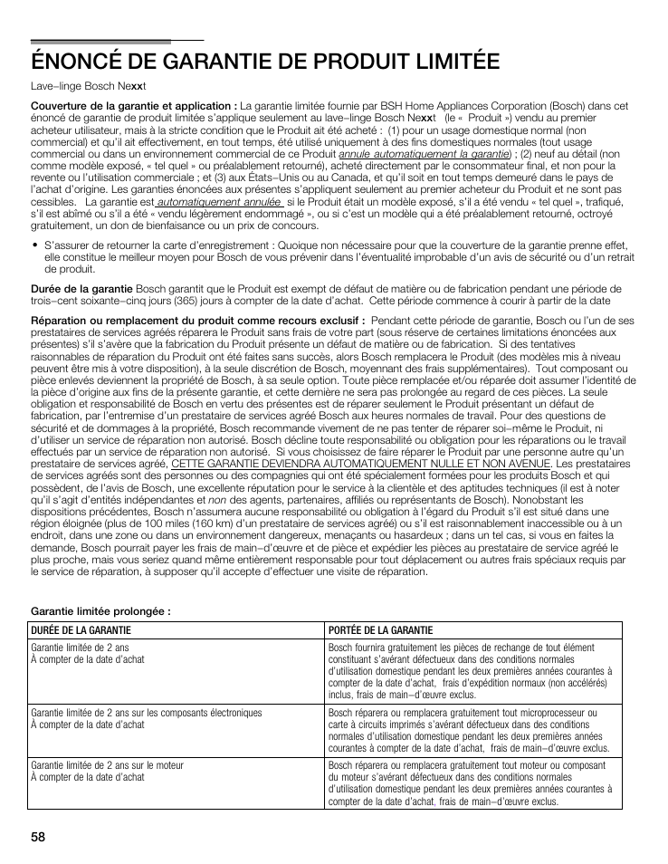 Énoncé de garantie de produit limitée | Bosch maxx 800 Series User Manual | Page 58 / 96