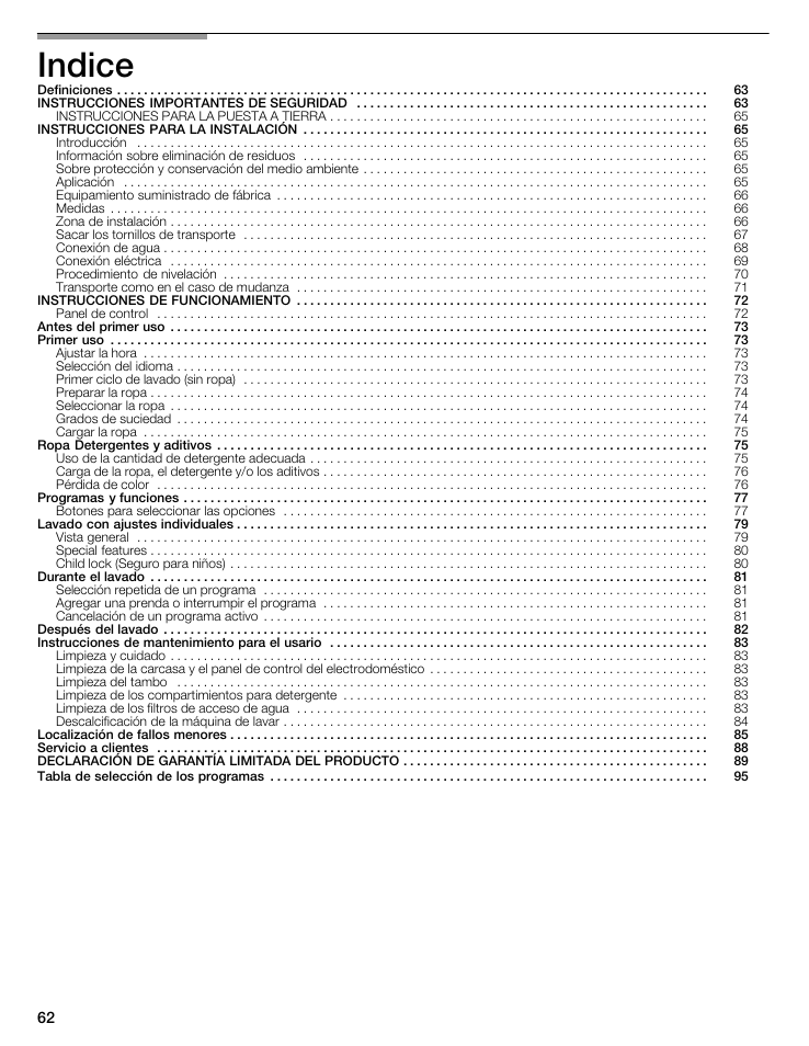 Indice | Bosch maxx 800 Series User Manual | Page 62 / 96