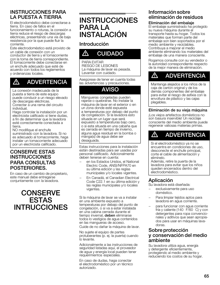 Advertencia, Cuidado, Aviso | Instrucciones para la puesta aătierra, Introducción, Información sobre eliminación de residuos, Aplicación, Sobre protección yăconservación del medio ambiente | Bosch maxx 800 Series User Manual | Page 65 / 96