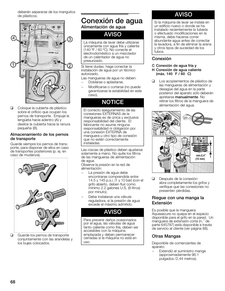 Conexión de agua, Aviso, Notice | Bosch maxx 800 Series User Manual | Page 68 / 96