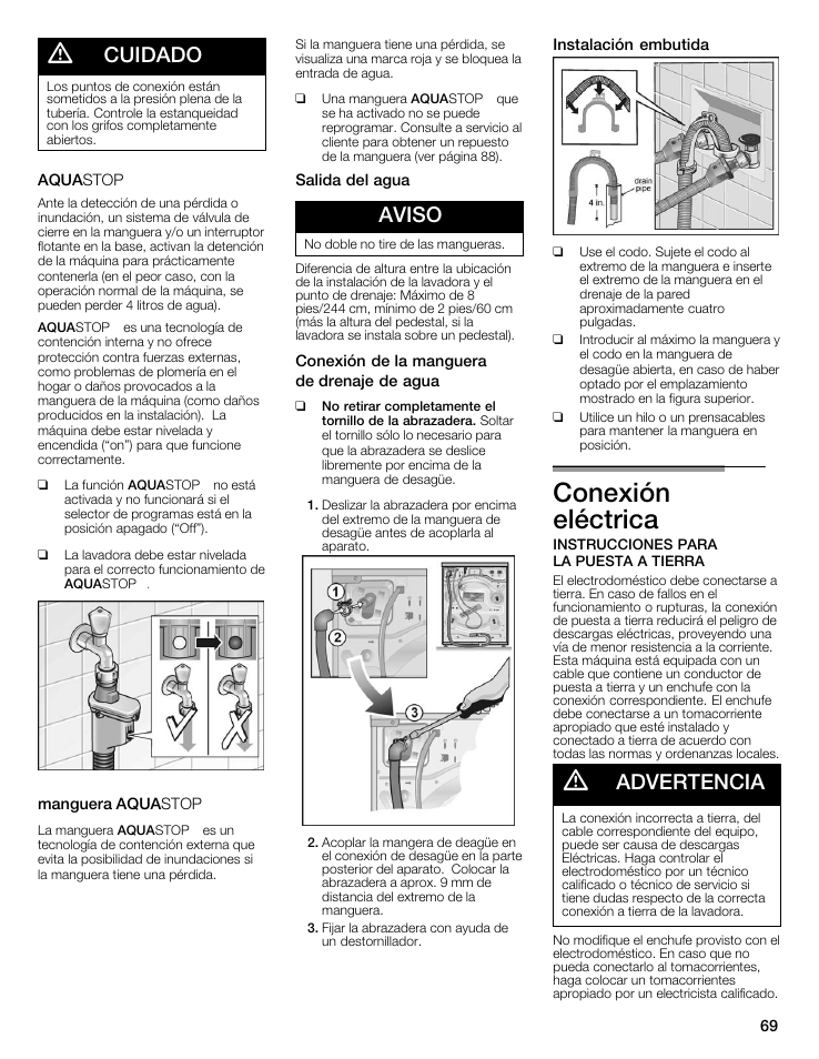 Conexión eléctrica, Cuidado, Aviso | Advertencia | Bosch maxx 800 Series User Manual | Page 69 / 96