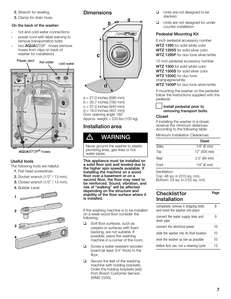 Warning, Dimensions, Installation area | Checklist for installation | Bosch maxx 800 Series User Manual | Page 7 / 96