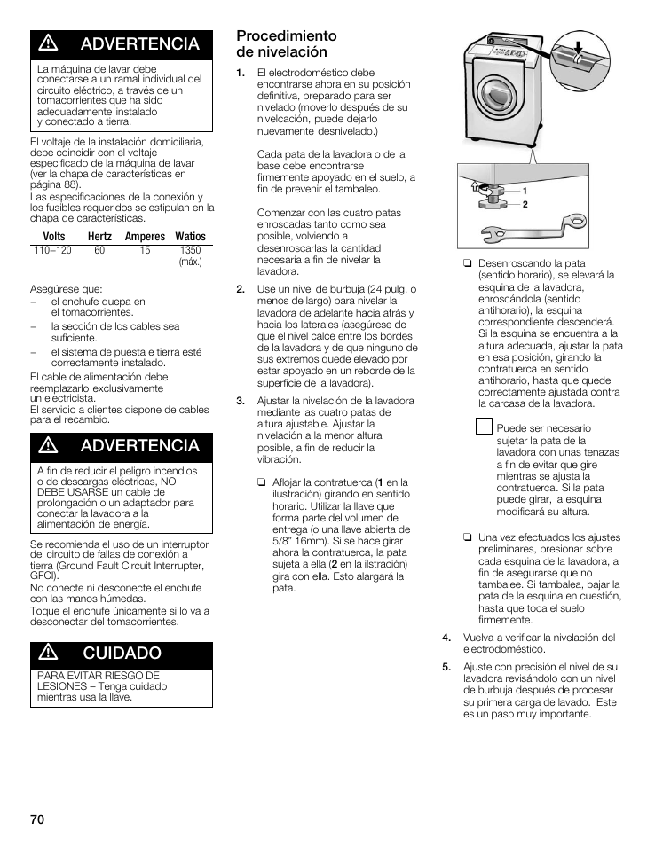 Advertencia, Cuidado, Procedimiento deănivelación | Bosch maxx 800 Series User Manual | Page 70 / 96