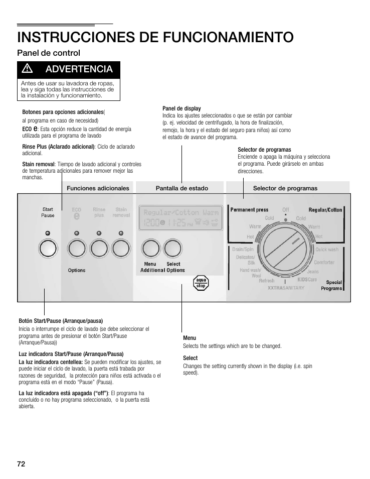 Instrucciones de funcionamiento, Advertencia, Panel de control | Bosch maxx 800 Series User Manual | Page 72 / 96