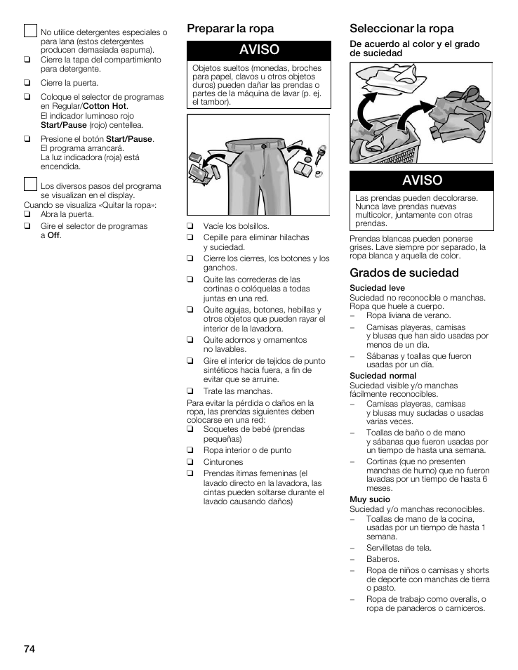 Aviso, Preparar la ropa, Seleccionar la ropa | Grados de suciedad | Bosch maxx 800 Series User Manual | Page 74 / 96