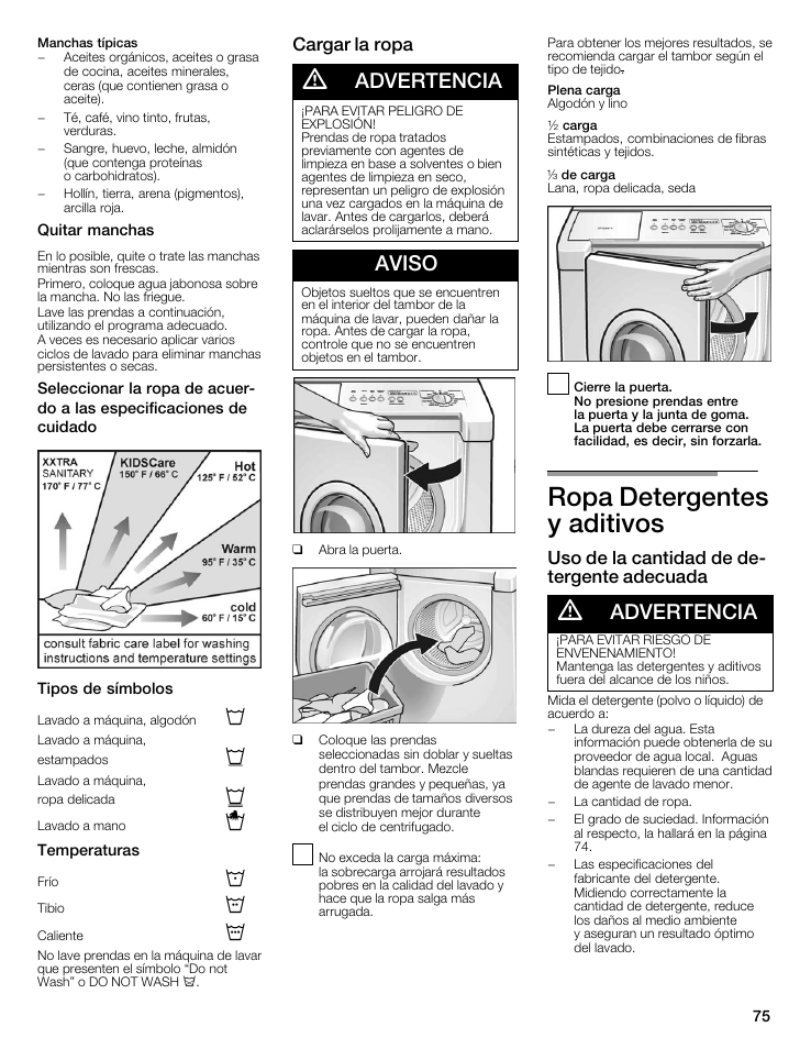 Ropa detergentes yăaditivos, Advertencia, Aviso | Cargar la ropa, Uso de la cantidad de deć tergente adecuada | Bosch maxx 800 Series User Manual | Page 75 / 96