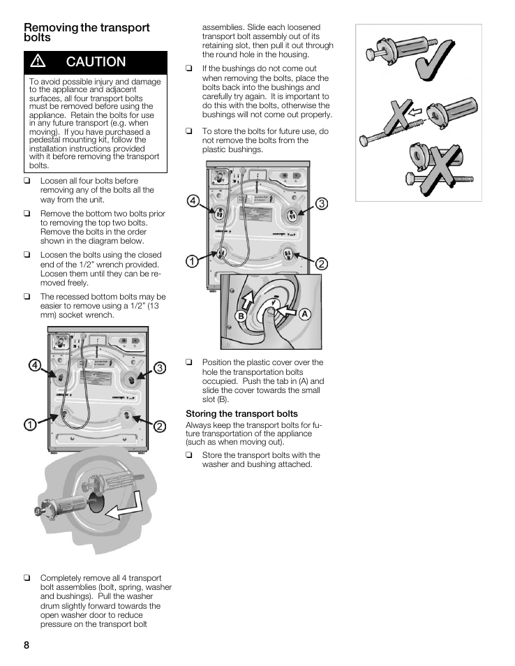 Caution, Removing the transport bolts | Bosch maxx 800 Series User Manual | Page 8 / 96