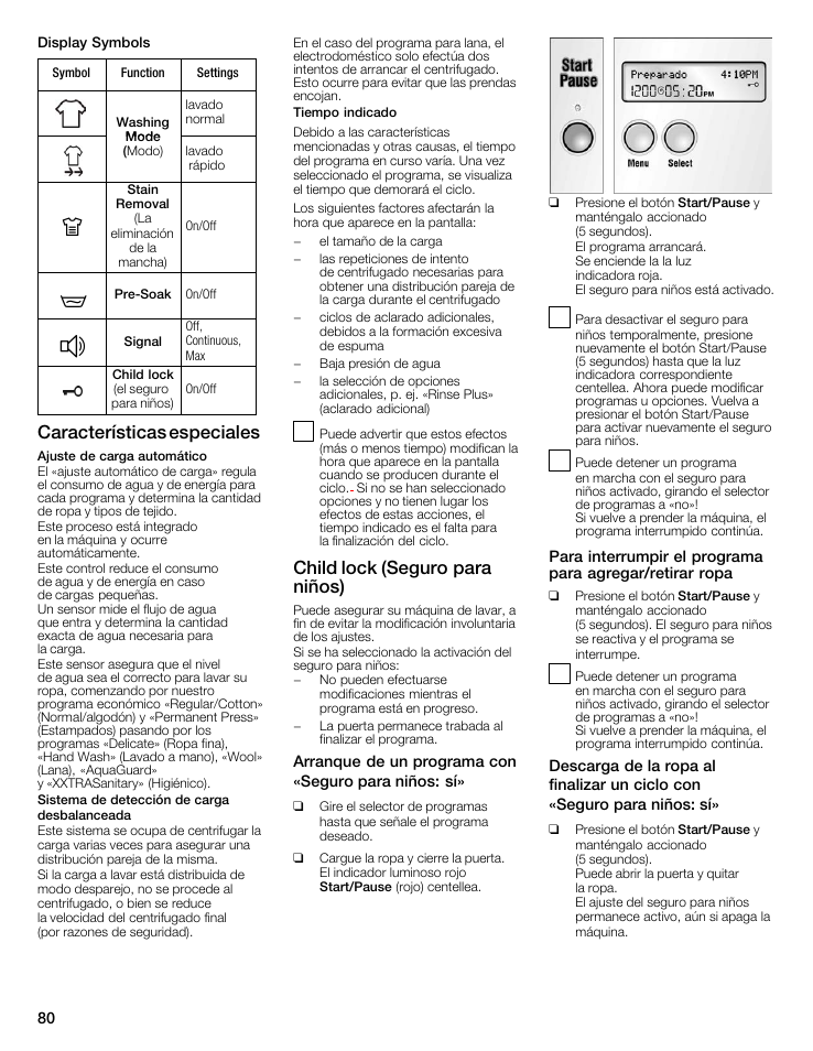 Características especiales, Child lock (seguro para niños) | Bosch maxx 800 Series User Manual | Page 80 / 96