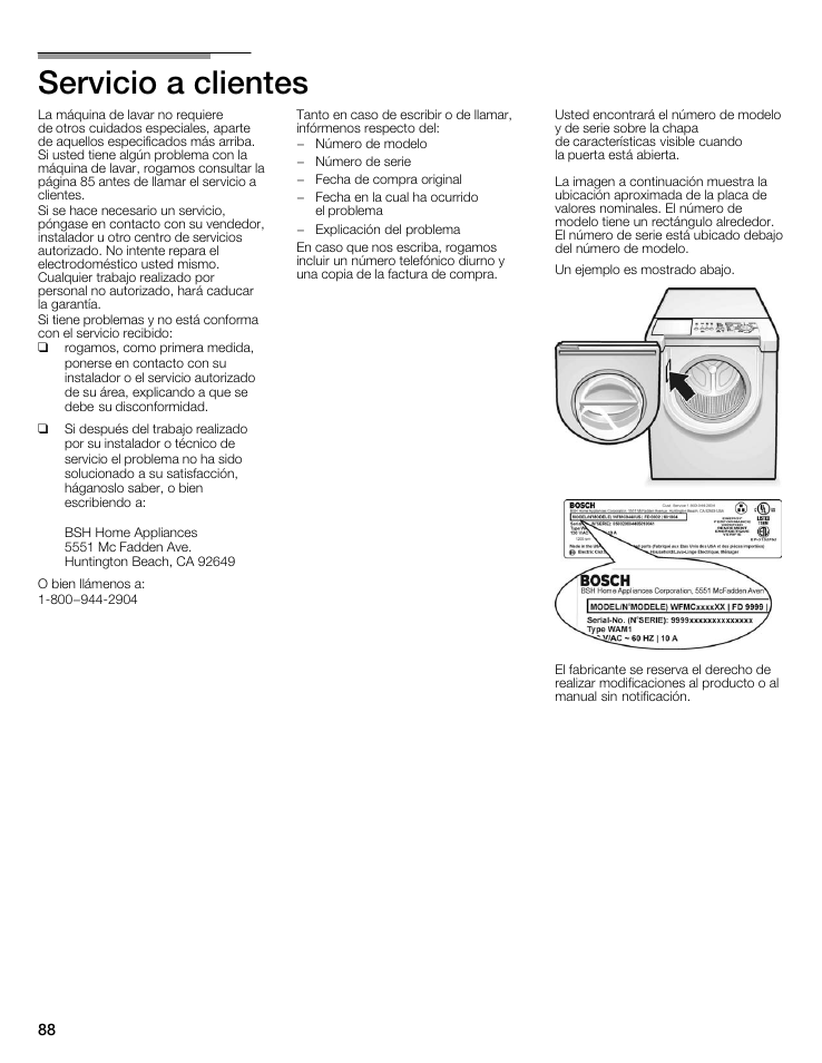 Servicio a clientes | Bosch maxx 800 Series User Manual | Page 88 / 96