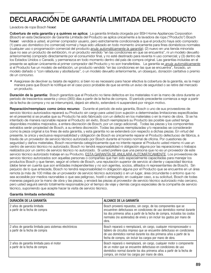 Declaración de garantía limitada del producto | Bosch maxx 800 Series User Manual | Page 89 / 96