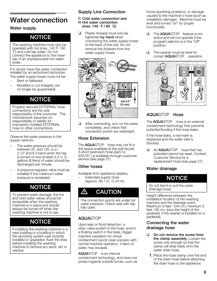 Water connection, Notice, Caution | Bosch maxx 800 Series User Manual | Page 9 / 96