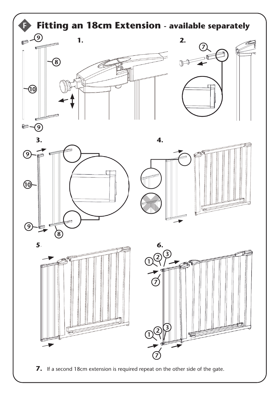 Fitting an 18cm extension, Available separately | Clippasafe 132 Extendable Swing Shut Gate User Manual | Page 7 / 8