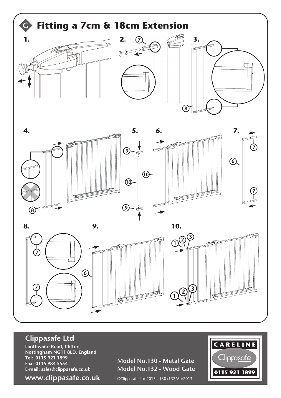 Fitting a 7cm & 18cm extension | Clippasafe 132 Extendable Swing Shut Gate User Manual | Page 8 / 8