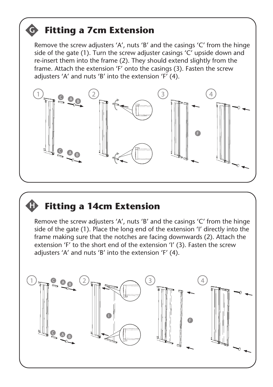 Fitting a 7cm extension, Fitting a 14cm extension | Clippasafe 120 Pressure Fit Gate User Manual | Page 6 / 8