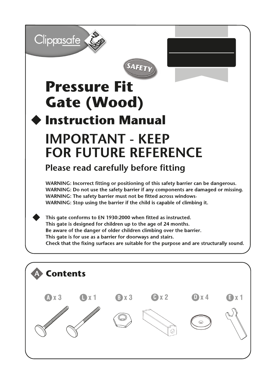 Clippasafe 122 Pressure Fit Gate User Manual | 8 pages