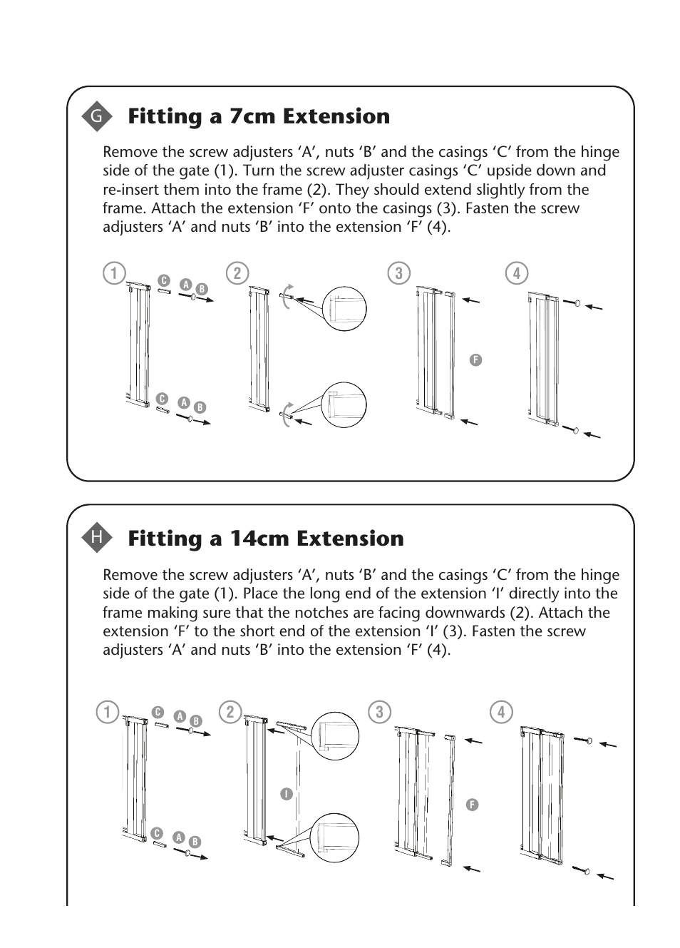 Fitting a 7cm extension, Fitting a 14cm extension | Clippasafe 122 Pressure Fit Gate User Manual | Page 6 / 8