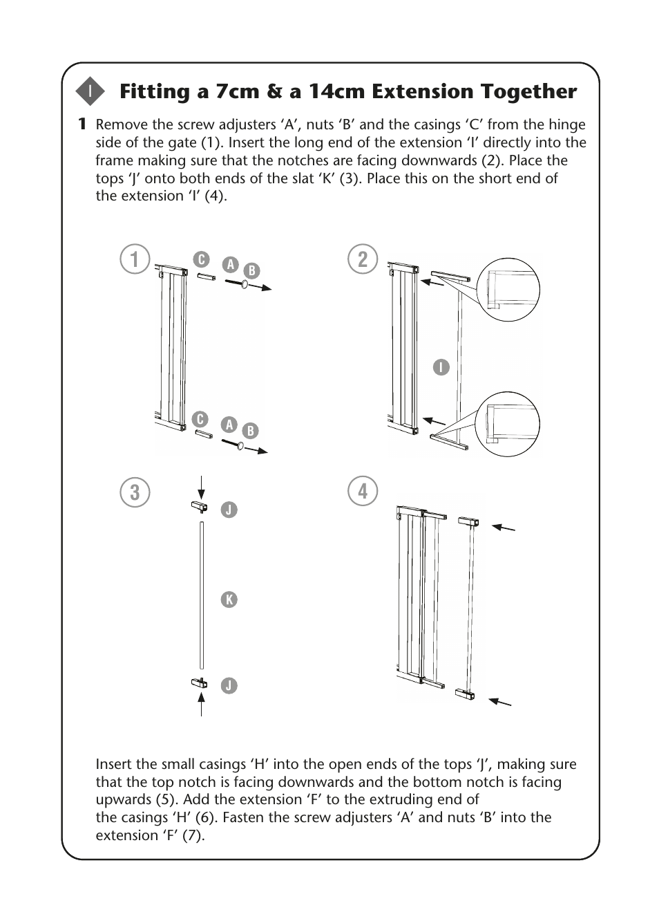 Fitting a 7cm extension, Fitting a 14cm extension, Fitting a 7cm & a 14cm extension together | Clippasafe 122 Pressure Fit Gate User Manual | Page 7 / 8
