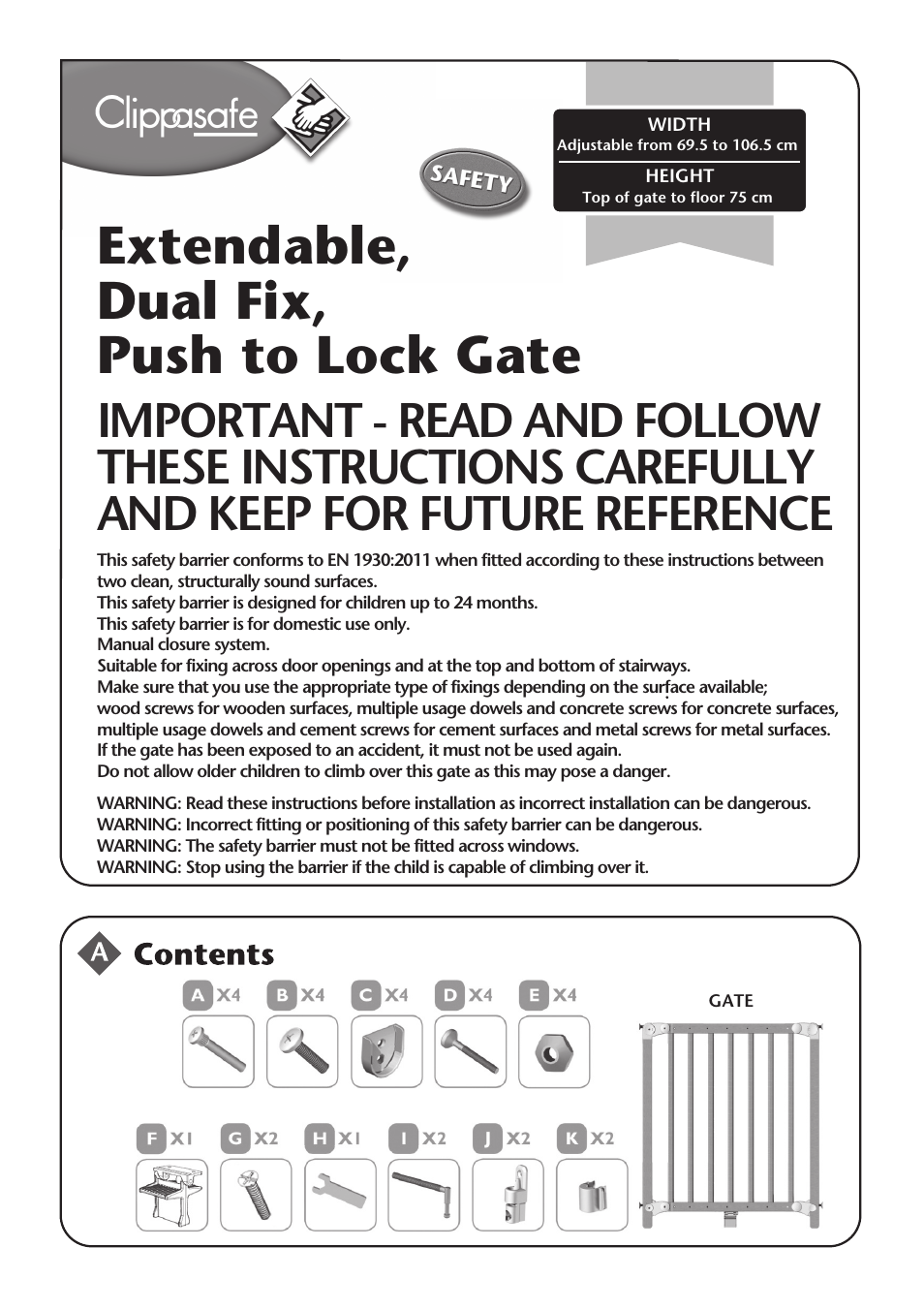 Clippasafe 118/1 Extendable, Dual Fix Push to Lock Gate User Manual | 12 pages