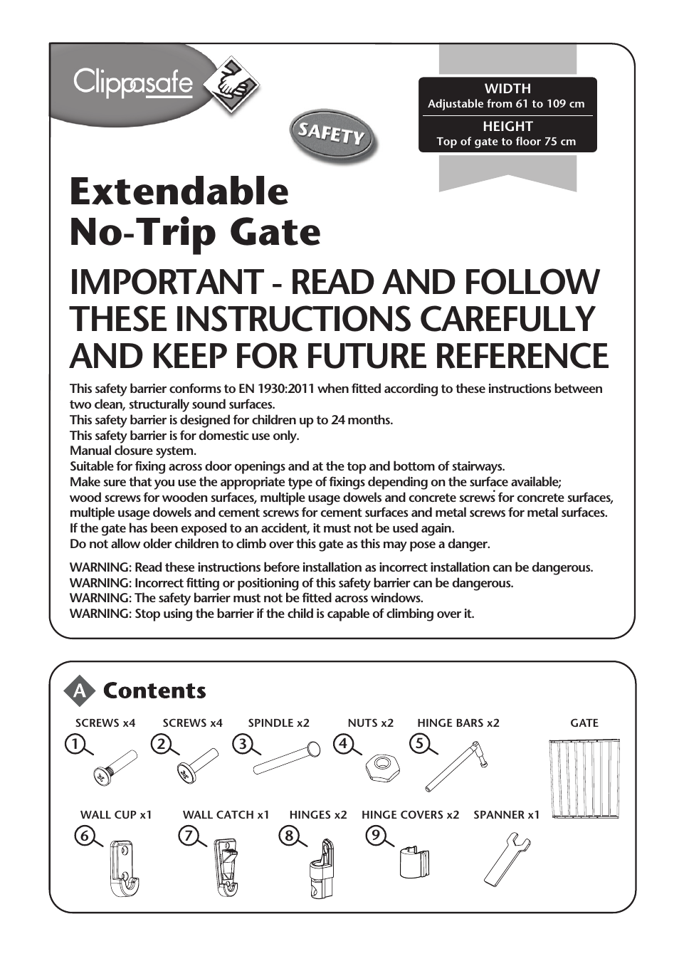 Clippasafe 112 Extendable No Trip Gate User Manual | 4 pages