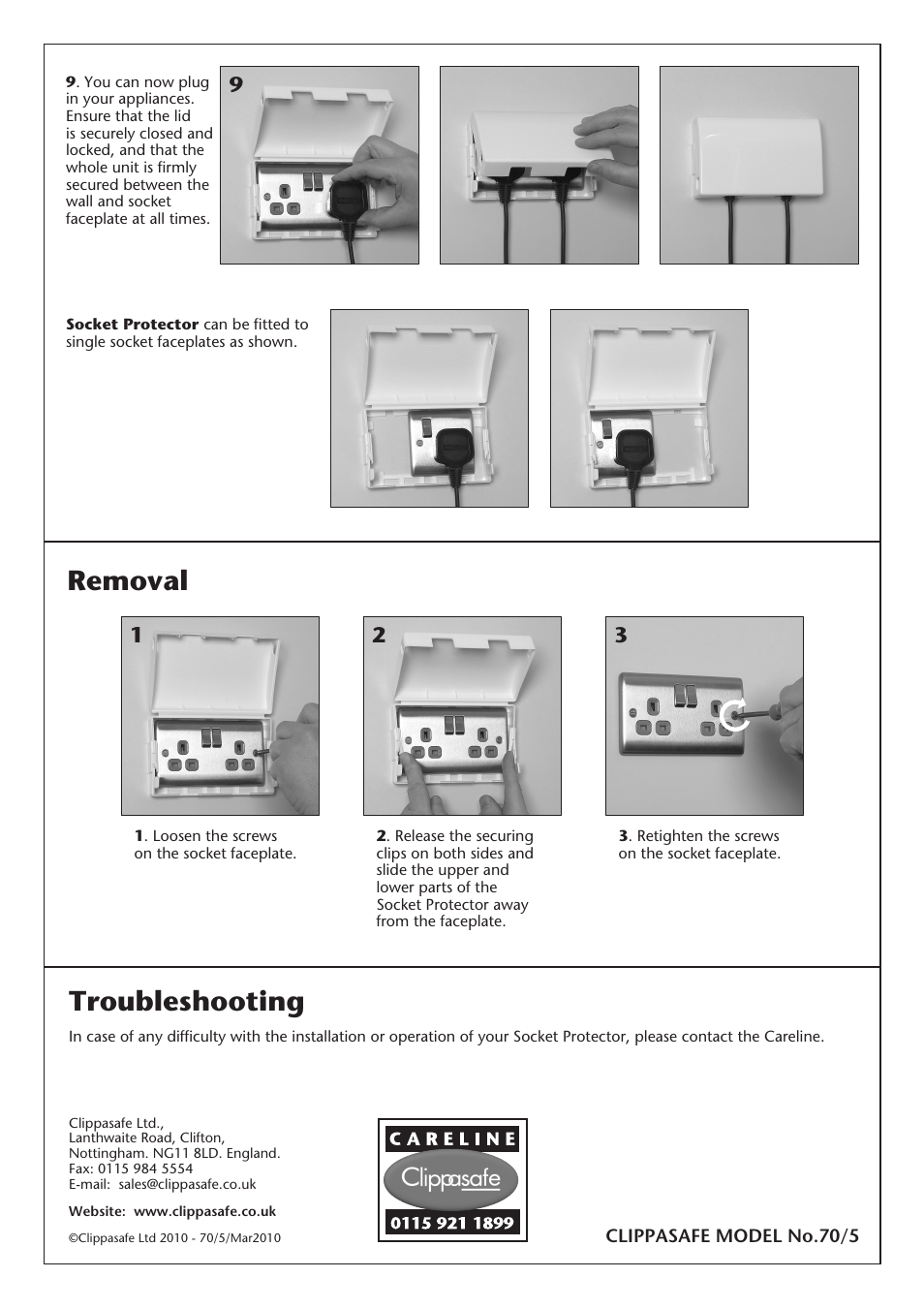 Troubleshooting, Removal | Clippasafe 70/5 Socket Protector User Manual | Page 2 / 2