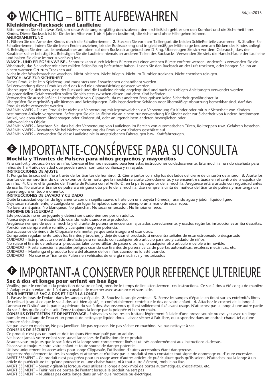 Wichtig – bitte aufbewahren, Importante-consérvese para su consulta, Important-a conserver pour reference ulterieure | Fd e | Clippasafe 66 Toddler Daysack User Manual | Page 2 / 2