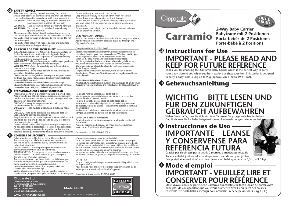 Clippasafe 60 Carramio Baby Carrier User Manual | 2 pages