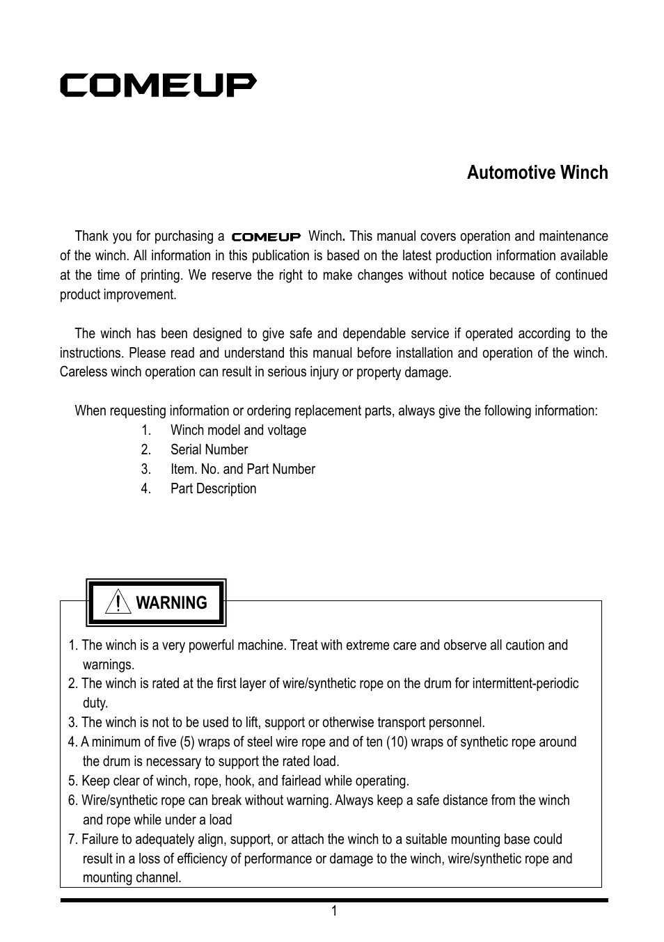 COMEUP Automotive Winch (Ver:00) User Manual | Page 2 / 22