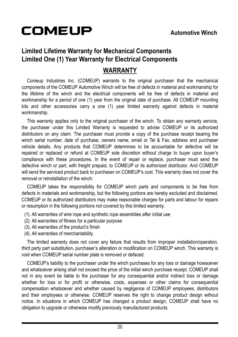 Automotive winch | COMEUP Automotive Winch (Ver:00) User Manual | Page 21 / 22