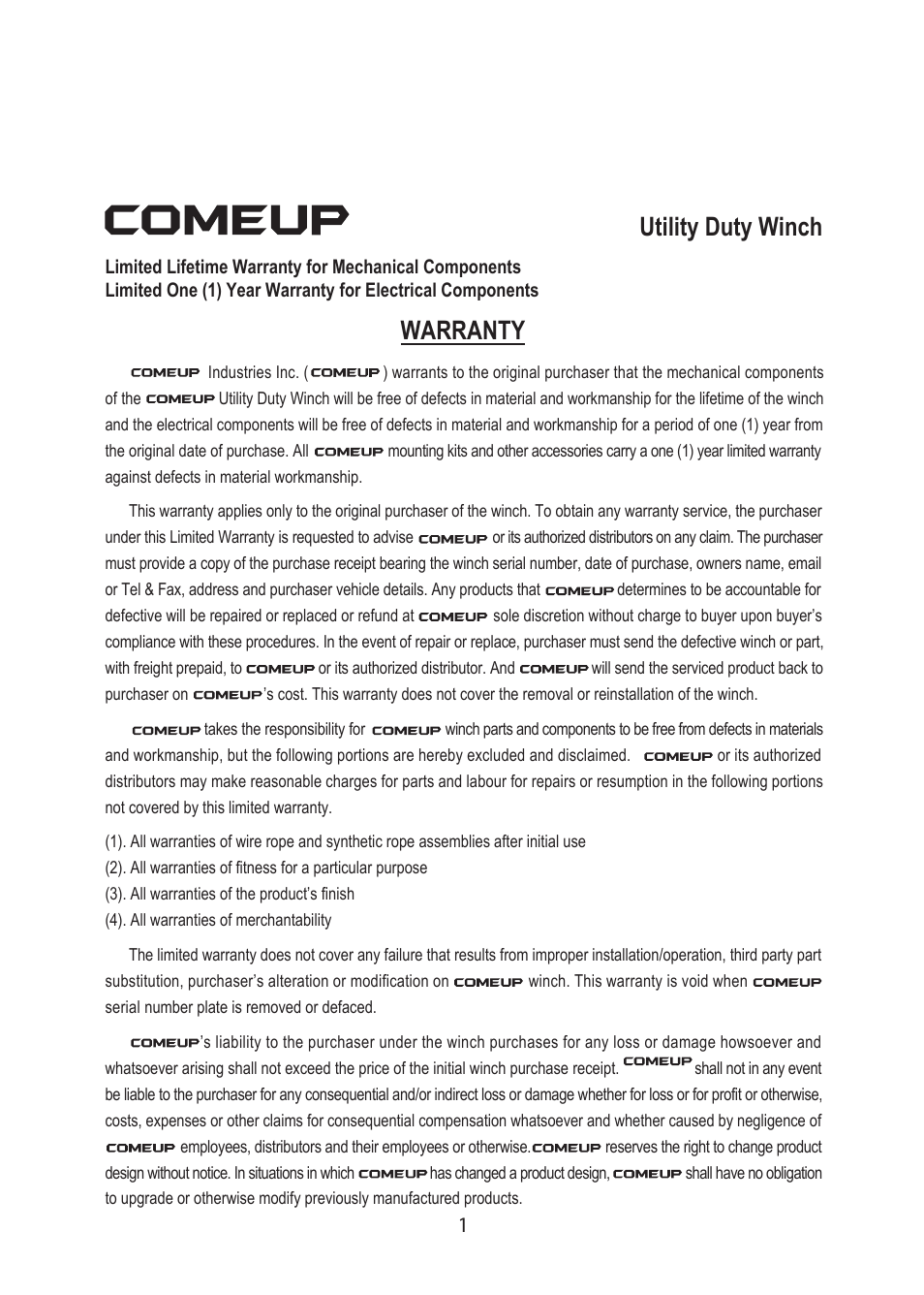 Utility duty winch warranty | COMEUP Utility Duty Winch (Ver:00) User Manual | Page 3 / 16