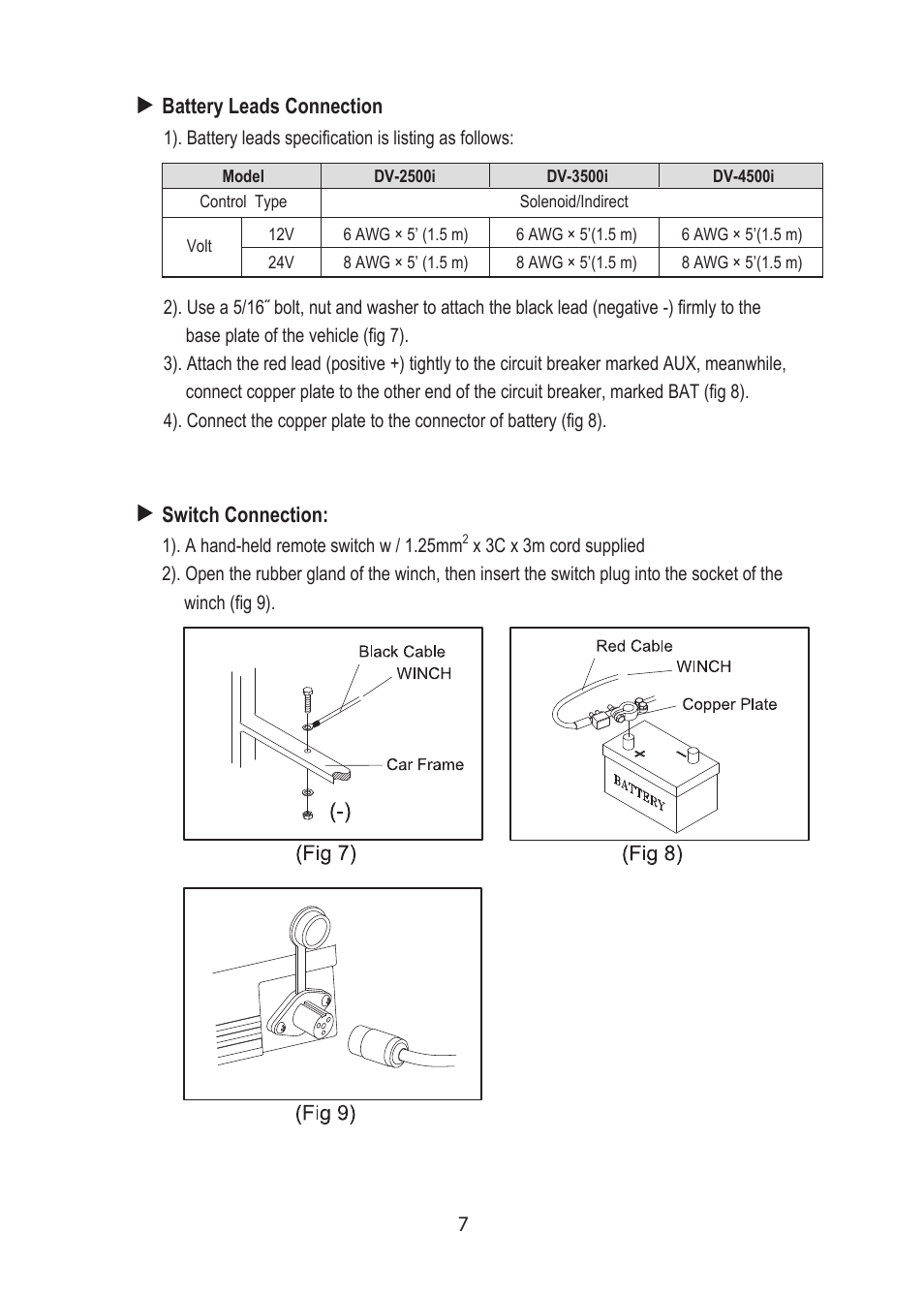 Battery leads connection, Switch connection | COMEUP Utility Duty Winch (Ver:00) User Manual | Page 9 / 16