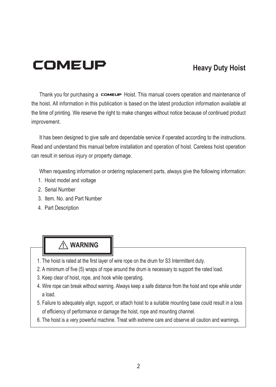 Heavy duty hoist | COMEUP DHC Hoist (Ver:03) User Manual | Page 4 / 16