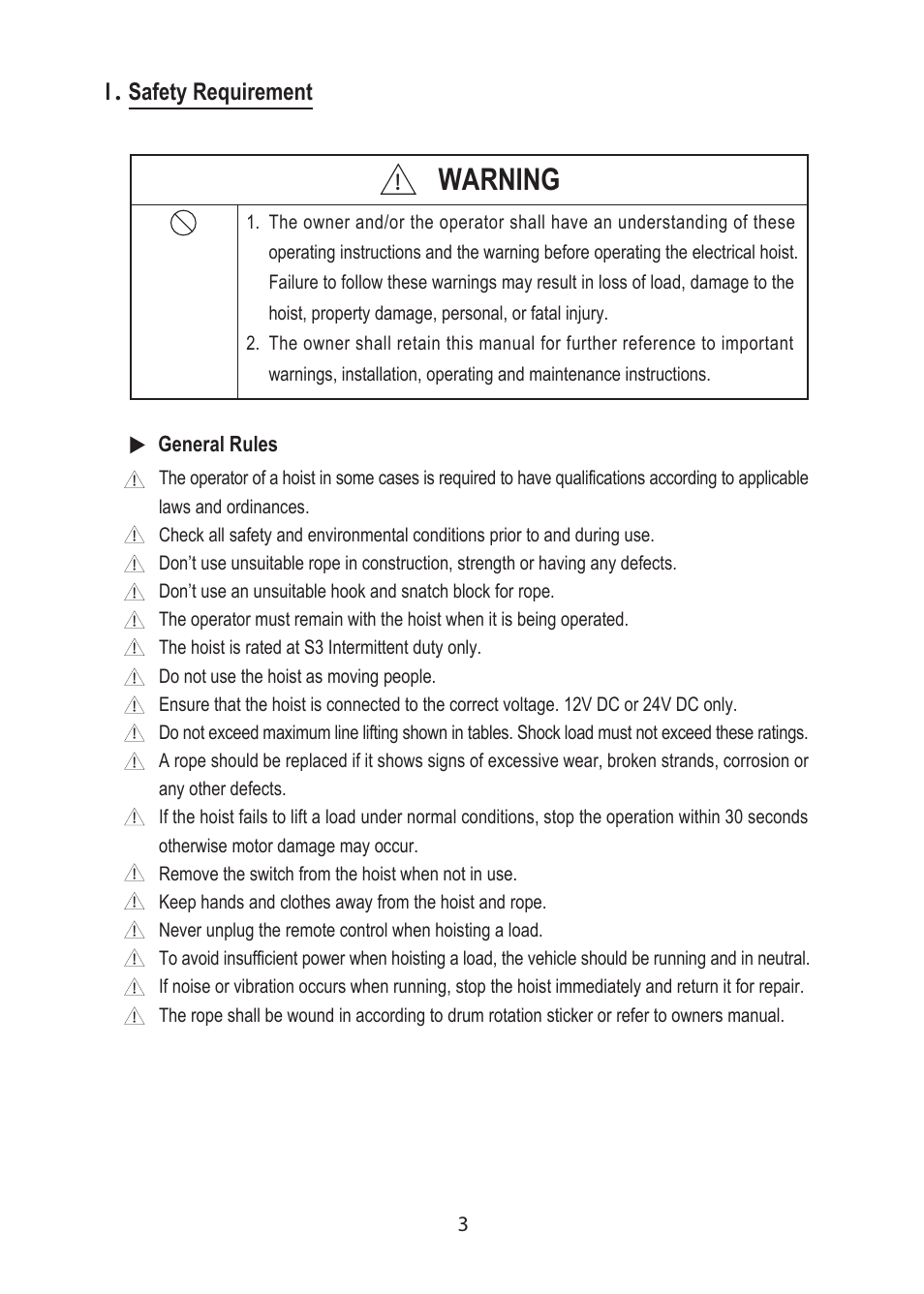 Warning, Safety requirement | COMEUP DHC Hoist (Ver:03) User Manual | Page 5 / 16