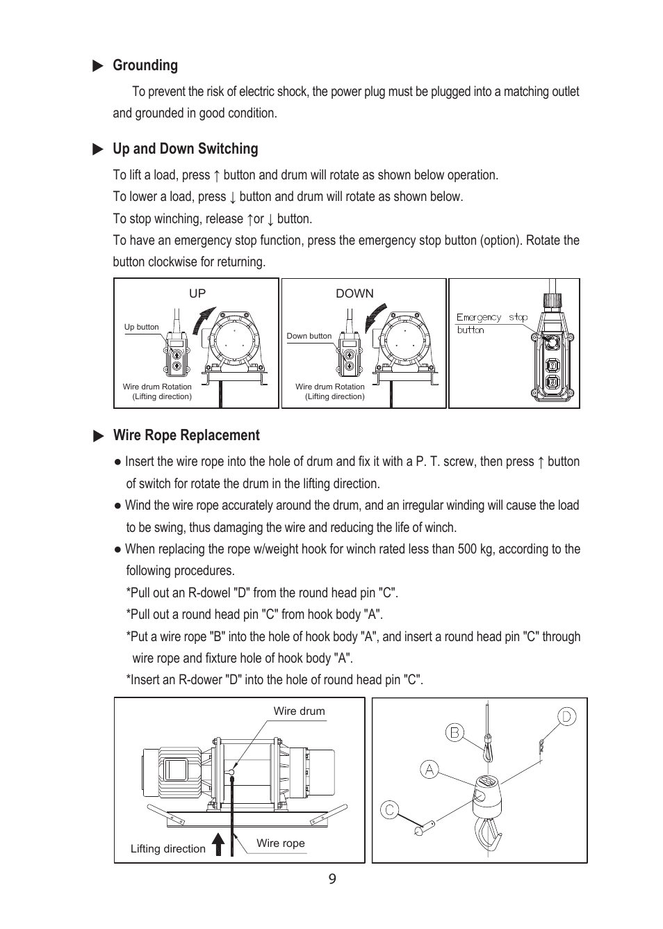 9grounding, Up and down switching, Wire rope replacement | COMEUP Electric Winch (Ver:02) User Manual | Page 11 / 24