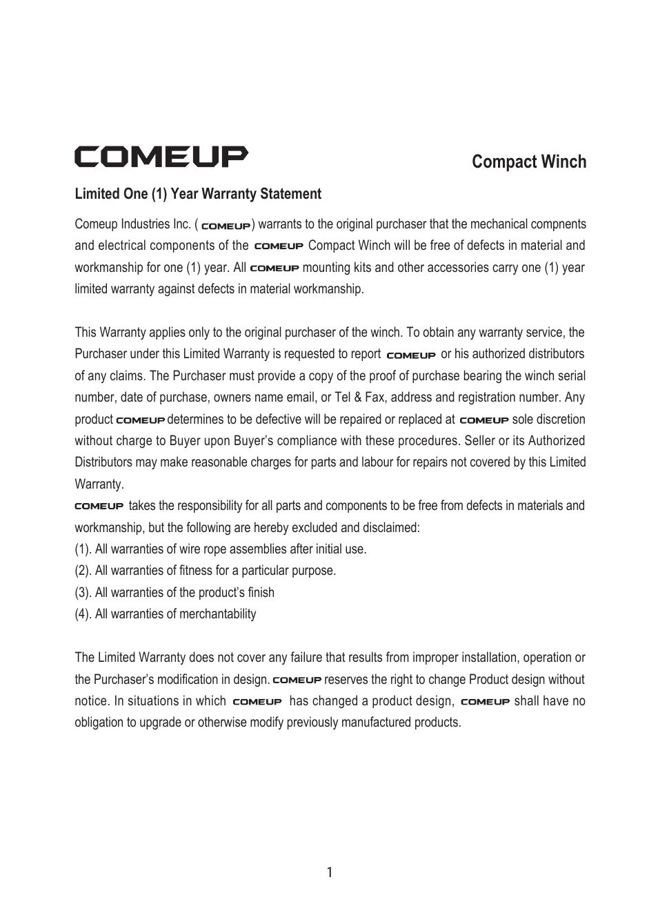 Compact winch | COMEUP Compact Winch (Ver:00) User Manual | Page 3 / 20