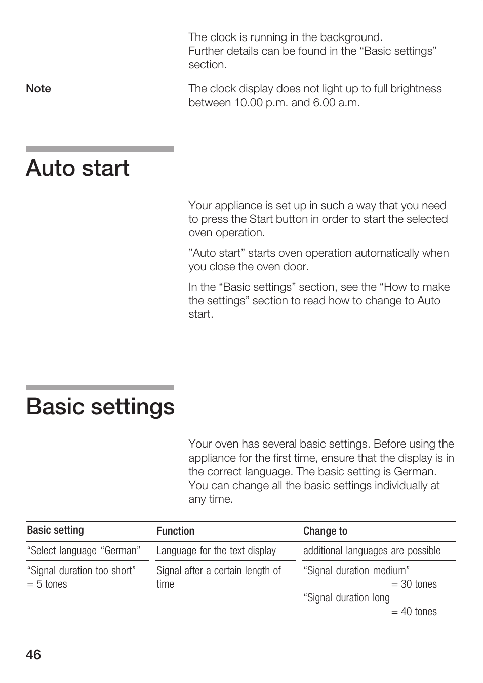 Auto start, Basic settings | Bosch HBC86K7.0 User Manual | Page 46 / 84