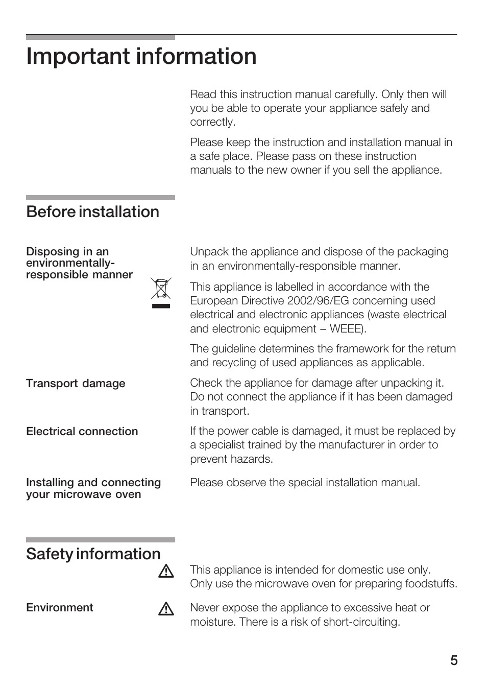 Important information, Before installation, Safety information | Bosch HBC86K7.0 User Manual | Page 5 / 84