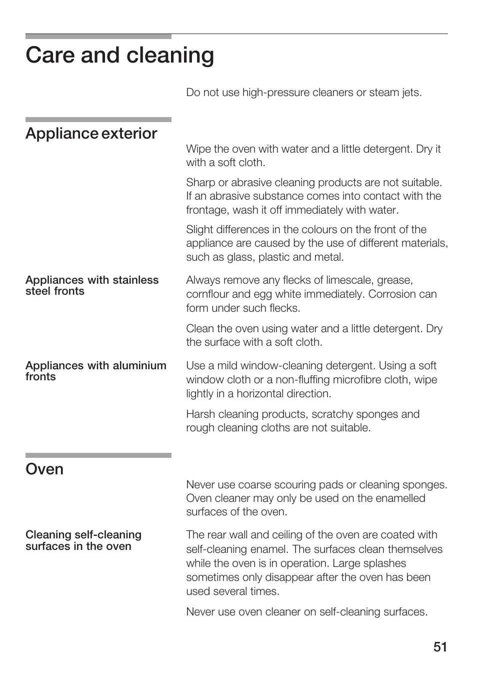 Care and cleaning, Appliance exterior, Oven | Bosch HBC86K7.0 User Manual | Page 51 / 84